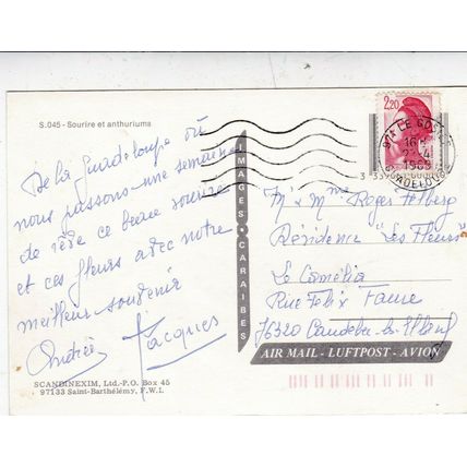 Guadeloupe Young Girl with anthirinums Postcard 1969 used VGC