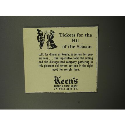 1951 Keen's English Chop House Ad - Tickets for the hit of the season