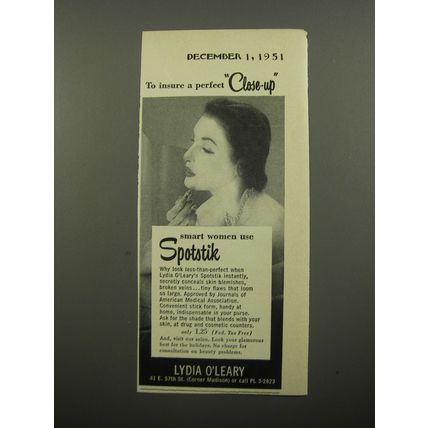 1951 Lydia O'Leary Spotstik Cosmetics Ad - To insure a perfect Close-up