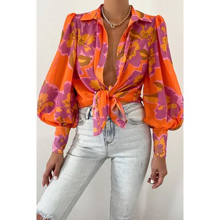 Orange Floral Print Lantern Sleeve Shirt