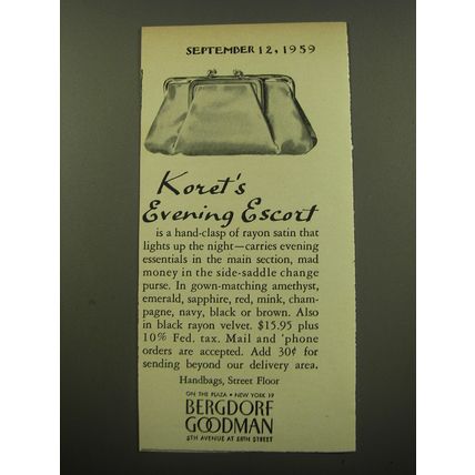 1959 Bergdorf Goodman Koret Handbag Advertisement - Koret's Evening Escort