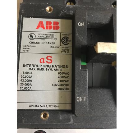 ABB SP-9954 CIRCUIT BREAKER,400 A,3-POLE,600 vac/250 vdc,ABB JS,CU7AL 75C,TA,AA