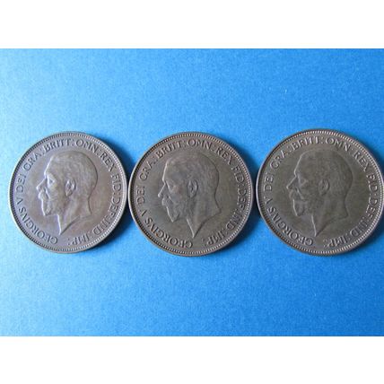 THREE GEORGE V PENNIES 1934,1935 & 1936 DATE RUN. (ebid)