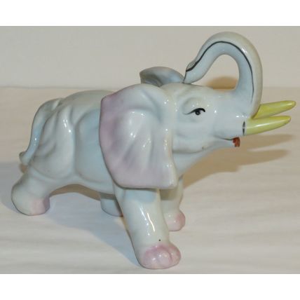 Vintage 7"x6" Ceramic Elephant Hand Painted White Gloss, Pink & Gold Trim