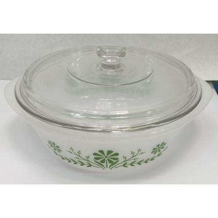 Vintage Glasbake Green Daisy Casserole Dish J514 With Lid - 10" MADE IN USA