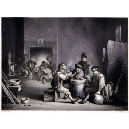 SMOKING CLUB 1840s David Teniers the Younger - W. French ANTIQUE ENGRAVING