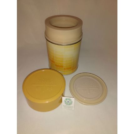VINTAGE 1970s KING-SEELEY YELLOW GEOMETRIC PATTERN SOUP THERMOS w LID & STOPPER
