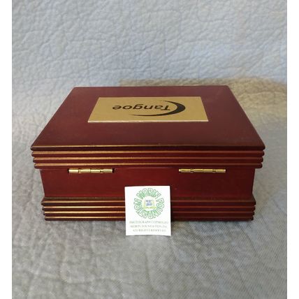 MAHOGANY COLORED HINGED BOX with TANGOE PLAQUE and GREEN FELT LINING