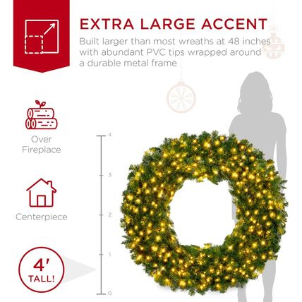 Best Choice Products 48In Large Artificial Pre-Lit Fir Christmas Wreath Holiday