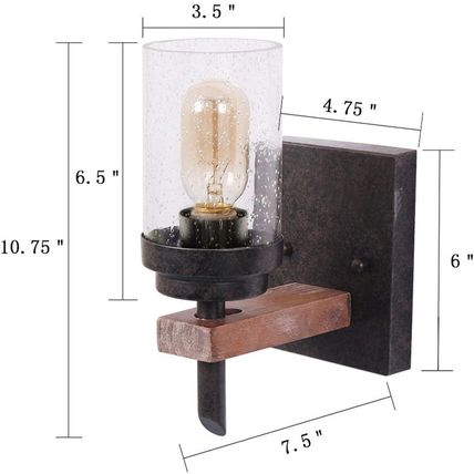 Rustic Wall Light Sconce with Seeded Glass Shade, Vintage Edison Metal Wood Wall