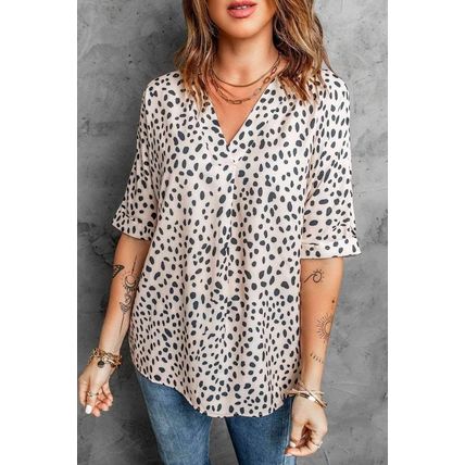 Brown Chloe Animal Print V-neck Rolled Sleeve Tunic Top