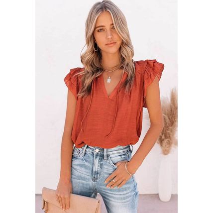 Tiered Ruffled Drawstring V Neck Top