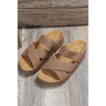 Brown Linen Woven Cross Criss Hollowed Slip-On Slippers