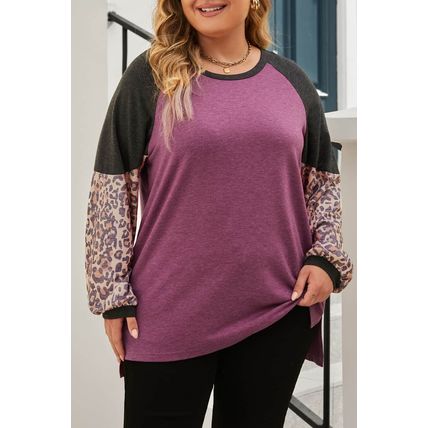 Multicolor Leopard Colorblock Long Sleeve Plus Size Top
