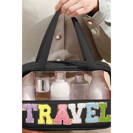 Black TRAVEL Chenille Letter Clear PVC Makeup Bag