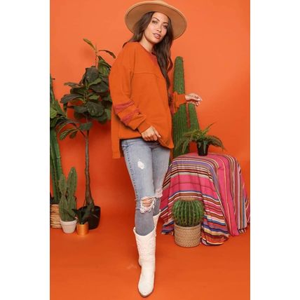 Carrot Fleece Patchwork Side Slits High Low Sweatshirt