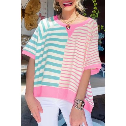Pink Stripe Contrast Patchwork Oversized T Shirt