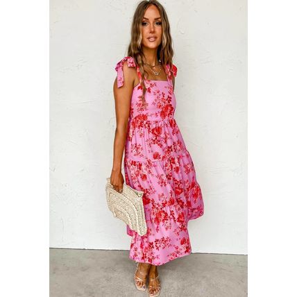 Pink Tie Shoulder Straps Tiered Floral Dress