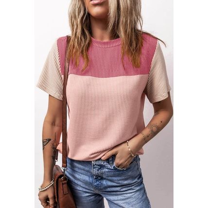 Pink Rib Textured Colorblock T Shirt