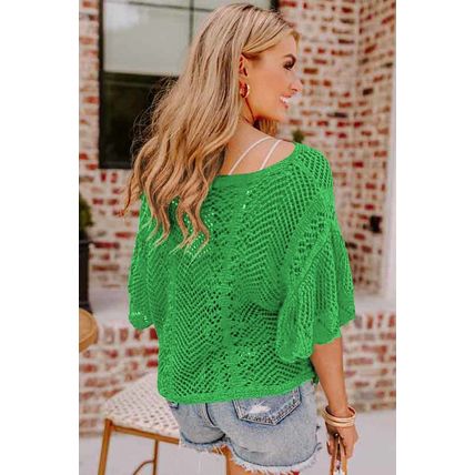 Green Pointelle Knit Scallop Edge Short Sleeve Top