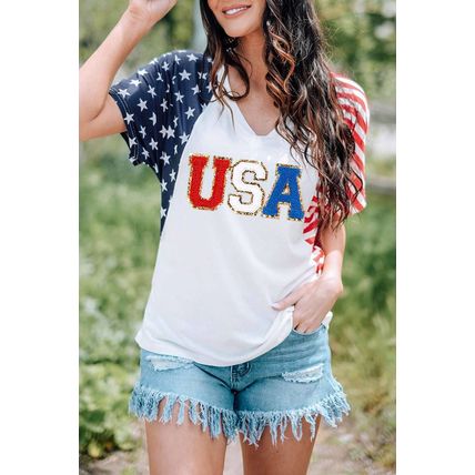 White Chenille USA Stars and Stripes Printed V Neck T Shirt
