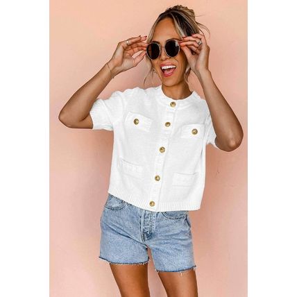 White Gold Buttons Textured Sweater T Shirt