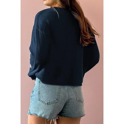 Sail Blue Star Pattern Drop Shoulder Knitted Sweater