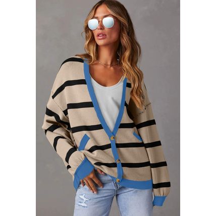 White Colorblock Drop Shoulder Buttoned Loose Cardigan