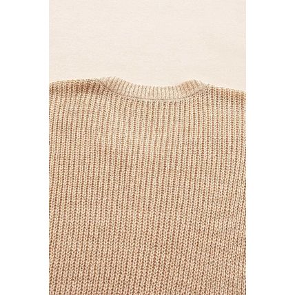 Light French Beige Contrast Striped 3/4 Sleeve Crew Neck Sweater