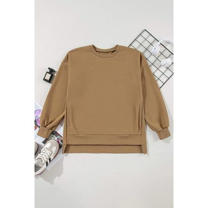 Camel Solid Fleece Lined Drop Shoulder High Low Sweatshirt
