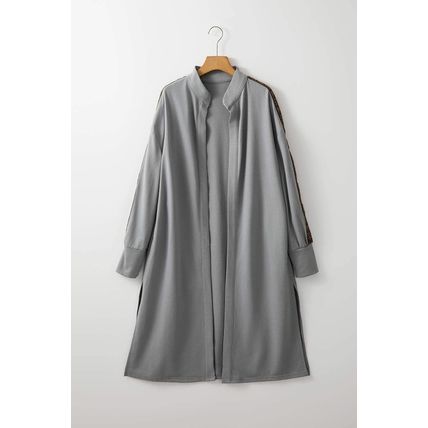 Medium Grey Aztec Accent Side Slit Open Front Long Cardigan
