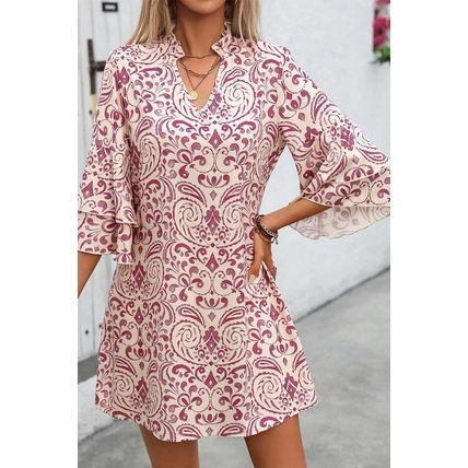 Pink Paisley Print Tiered 3/4 Sleeve Notched Neck Mini Dress