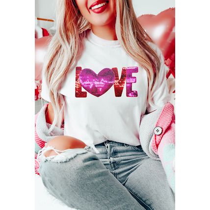 White Heart LOVE Patched Pattern Crewneck Valentines T Shirt