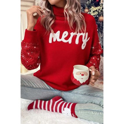 Racing Red Merry Graphic Sequin Sleeves Christmas Turtleneck Sweater