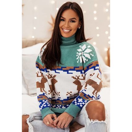 Canton Christmas Reindeer Snowflake Colorblock Turtleneck Sweater