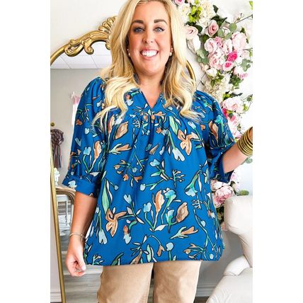 Blue Floral Notched V Neck Half Sleeve Plus Size Blouse