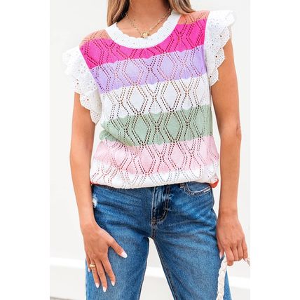 Rose Stripe Colorblock Hollowed Knit Scallop Edge Sweater Vest