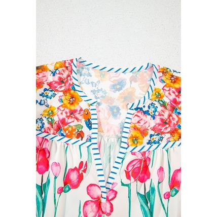 Pink Floral Print Striped Detail Split Neck Short Sleeve Blouse