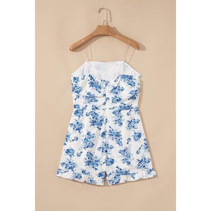 Sky Blue Floral Print Strapless Zipped Back Knot Waist Ruffled Romper