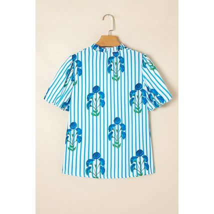 Sky Blue Stripe Floral Buttoned Frilly Notched Neck Puff Sleeve Summer Blouse