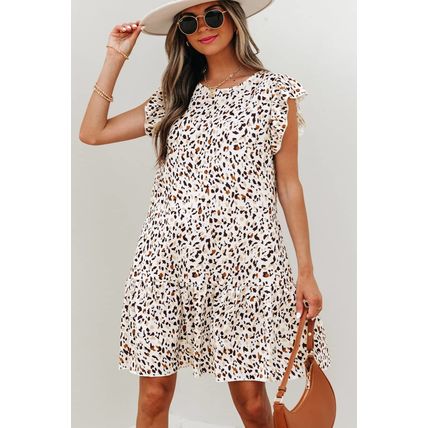 Khaki Leopard Ruffled Flutter Sleeve Keyhole Back Mini Dress