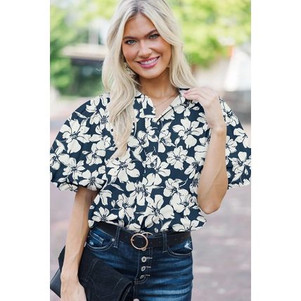 Blue Floral Short Puff Sleeve Summer Shirt