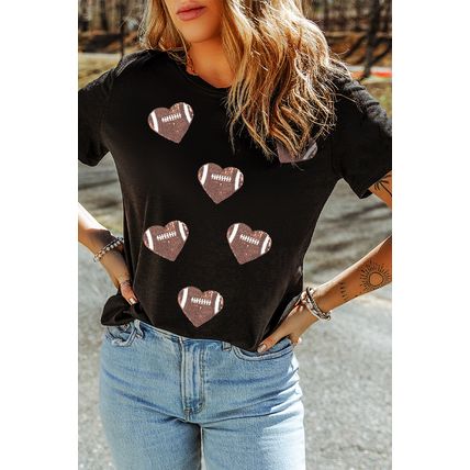 Black Rugby Football Sequin Heart Patched Graphic Tee