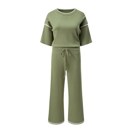 Guacamole Green Contrast Trim Half Sleeve Top Drawstring Pants Loose 2pcs Sweate