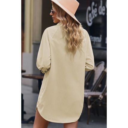 Beige Corduroy Shirt Style Full Button Long Sleeve Shift Mini Dress