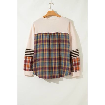 Parchment Plus Size Waffle Colorblock Striped Plaid Patchwork Half Button Pullov