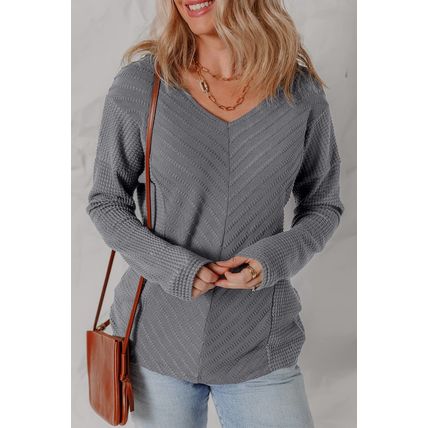 Sleet V Neck Chevron Texture Patchwork Long Sleeve Knit Top