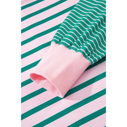 Green Stripe Mix Pattern Color Block Patchwork Side Slit Baggy Sweatshirt
