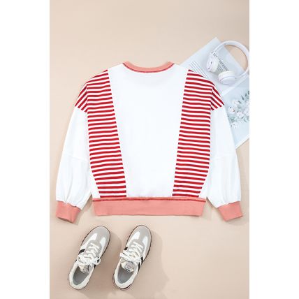 Red Stripe Colorblock Patchwork Contrast Stitching Oversize Sweatshirt