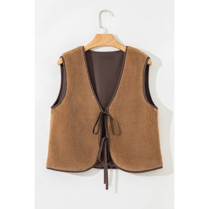 Light French Beige Contrast Trim Tie Front Sherpa Vest